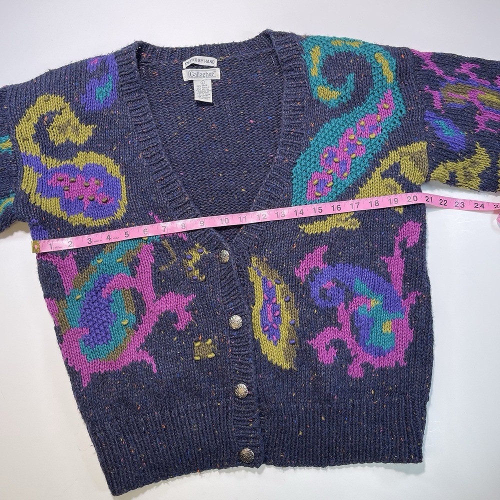 Gallagher Vintage Hand Knit Sweater Cardigan Navy Pink Turquoise Women's Large - Picture 10 of 14